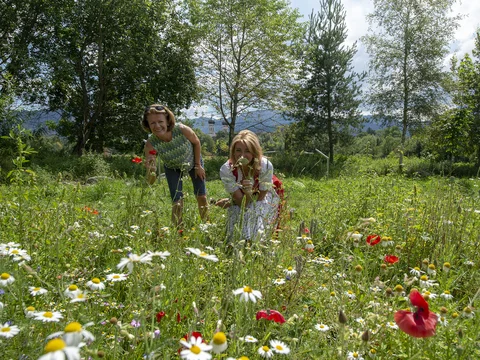 zwei Frauen in einer Blumenwiese am Kloster