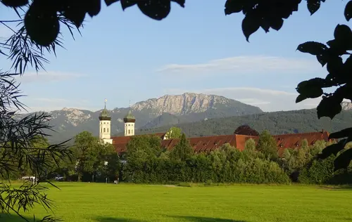Benediktbeuern monastery with mt. Benediktenwand