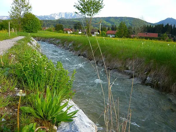 Weg entlang des Mühlbachs mit Blick auf Benediktenwand